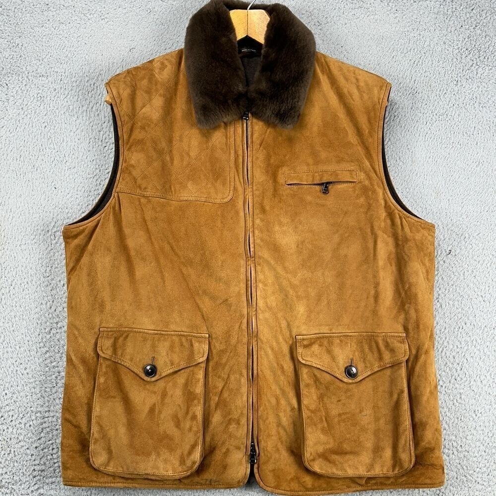 Paul Stuart Mens Cognac Suede Leather Real Fur Collar Wool Vest Size XXL Quilted